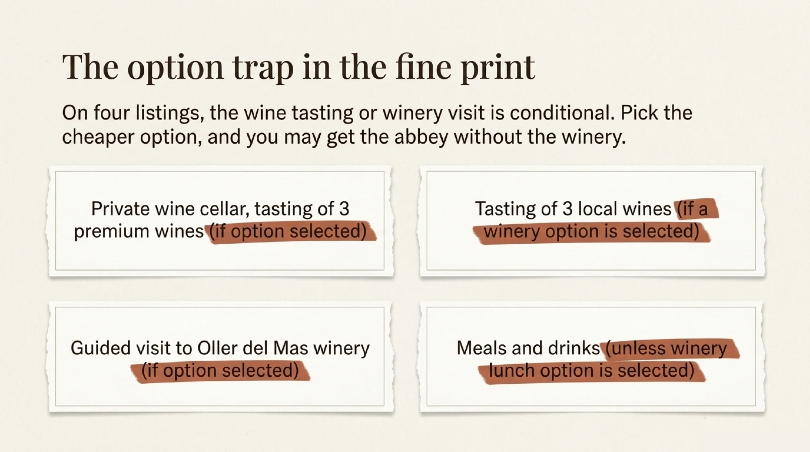 Four Barcelona Montserrat wine tour listings where the winery visit or wine tasting is marked 'if option selected' in the fine print