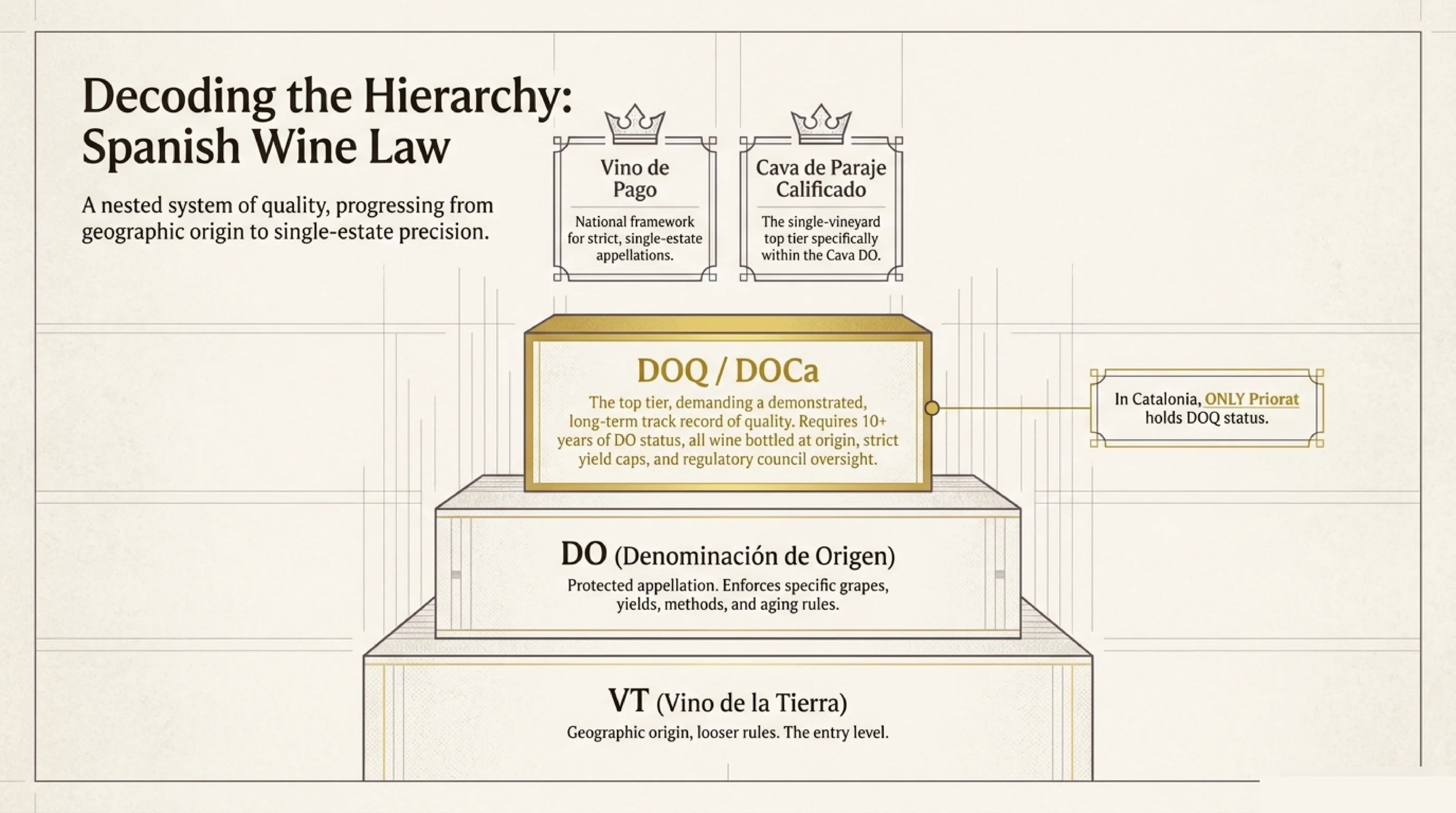 Spanish wine quality hierarchy: VT Vino de la Tierra, then DO, then DOQ/DOCa, with Vino de Pago and Cava de Paraje Calificado as single-site tiers above; in Catalonia only Priorat holds DOQ